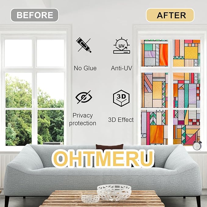 3D Stained Glass Window Privacy Film, Heat Control UV Blocking Static Cling Decorative Window Film for Bathroom,Front Door,Home Non Adhesive,16.9 x 78.7 inches Autumn Reverie