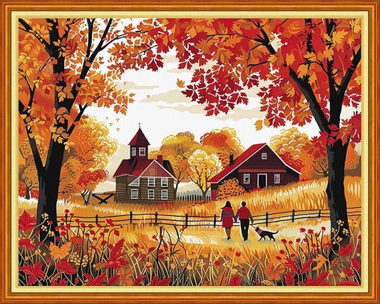 Dimensean Stamped Cross Stitch Kits Full Range of Embroidery Patterns Starter Kits for Beginners Adult or Kids DIY Cross Stitches Needlepoint Kits 11CT- Golden Autumn Strolling 16x20 inch