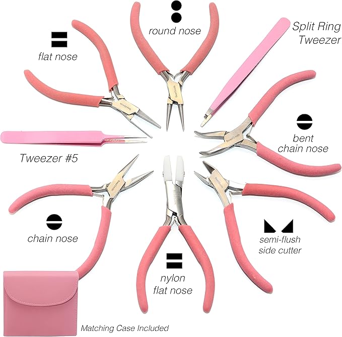 The Beadsmith Fashion Color Pliers – Set of 8 Slimline Color-Coordinated Tools – Matching Clutch in Bubblegum – Jewelry Making Supply Kit to Create Necklaces, Bracelets, Earrings & More