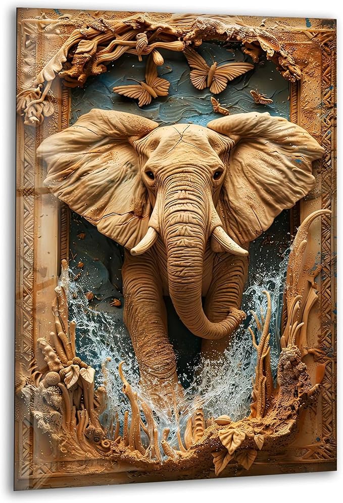 My Photostation.com 14Wx20H'' Elephant Carving Glass Wall Art Tempered Glass Printing Wall Decor Large Wall Art Wall Hangings