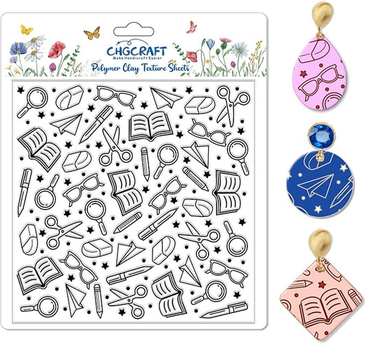 CHGCRAFT School Elements Polymer Clay Texture Sheets Seamless Pattern Books Silicone Texture Mat Modeling Pattern Pad for Jewelry and Clay Earrings Tools, 5.5x5.5 inch