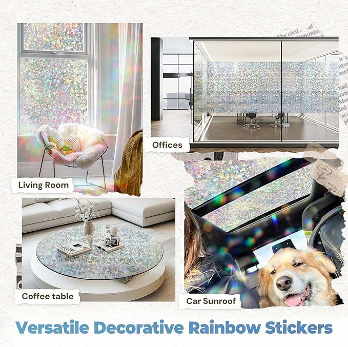 DOWELL Window Privacy Film Rainbow Film, Stained Glass Decorative Sticker, Static Cling Non-Adhesive Glass Clings, Sun Blocking Heat Control Window Coverings for Home Door, 35.4" x 118.1"