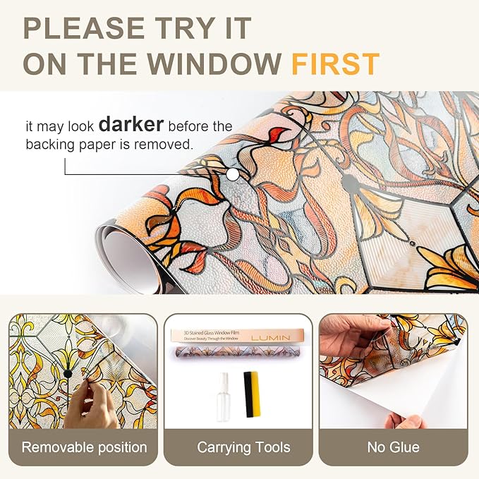 3D Stained Glass Window Privacy Film, Heat Control UV Blocking Static Cling Decorative Window Film for Bathroom,Front Door,Home Non Adhesive 35.4 x 78.7 inches Golden Filigree