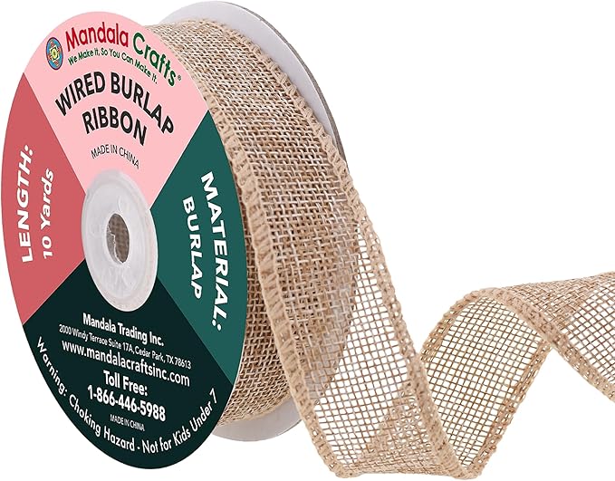 Mandala Crafts Natural Burlap Wired Ribbon 1 Inches Wide Jute Ribbons for Crafts - 10 Yds Roll Rustic Burlap Wrap Trim Ribbons for Wreaths Bows Party Decoration