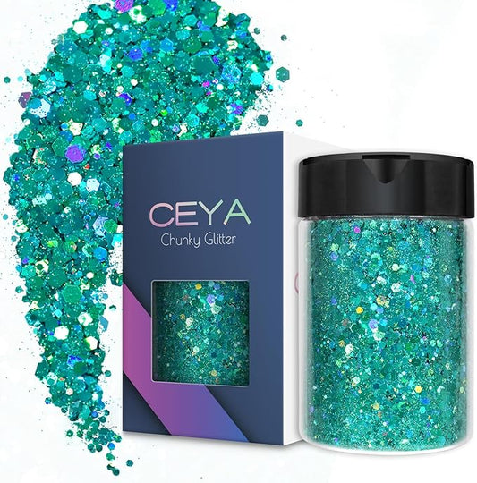 Ceya Holographic Chunky Glitter, 4.9oz/ 140g Cyan Craft Glitter Powder Mixed Fine Flakes Iridescent Nail Sequins for Nail Art, Hair, Epoxy Resin, Tumblers, Slime, Painting, Festival Decor