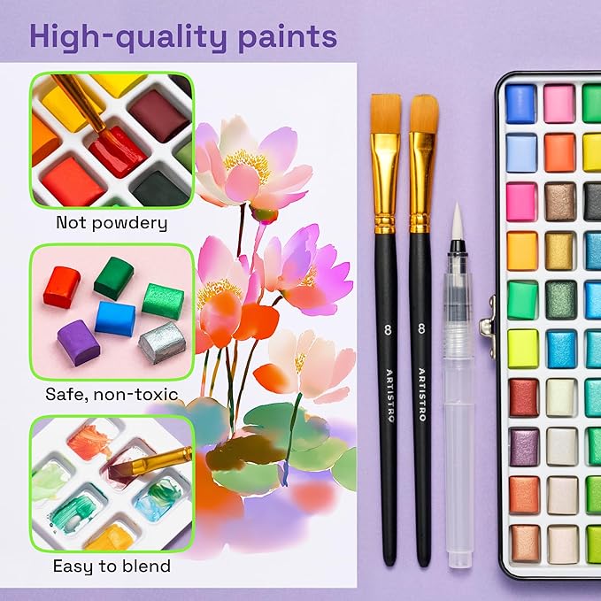 ARTISTRO 100 Watercolor Paint Set, Vivid Colors in Portable Box, Palette set. Perfect Travel Watercolor Set for Artists, Amateur Hobbyists and Painting