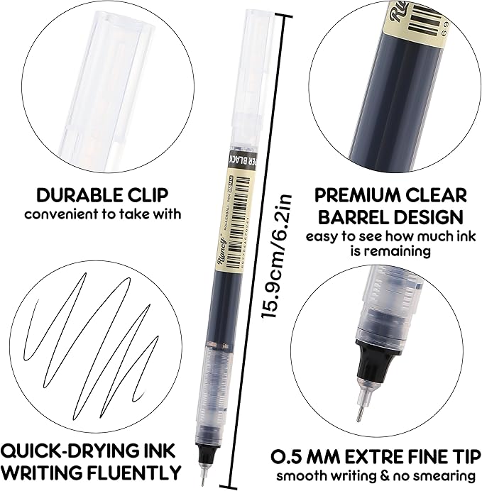 RIANCY 12 Pack Black Liquid Ink Rollerball Gel Pens, 0.5mm Extra Fine Point Tip, Smooth Writing Quick Drying No Smear No Bleed for Journaling, Drawing, Sketching, School Notes & Art Supplies