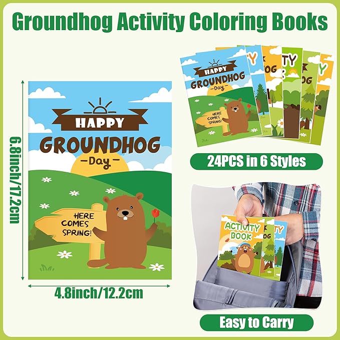 JAPBOR Groundhog Activity Coloring Book - 24PCS Mini Happy Groundhog Day Activities Color Books Bulk for Party Favor, Animals Themed Small Colouring Pages for Birthday Gift Class Painting Game