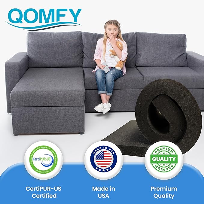QOMFY 6" Height x 12" Width x 48" Length Charcoal Upholstery Foam Sheet | Made in USA | Multi-Purpose Foam for Upholstery, DIY, Packaging & Acoustic Projects