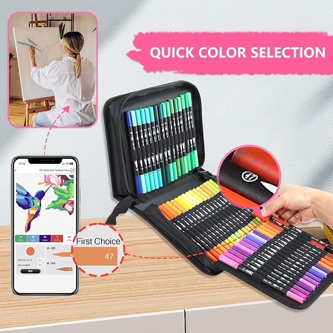 100 Colors Numbered Dual Tip Brush Pens with Free App, Fine and Brush Tips Pens for Adults and Kids, Coloring Markers for Coloring Book Bullet Journaling Note Taking Planner Hand Lettering