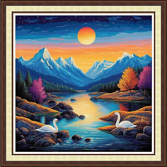 Findvoor Counted Cross Stitch Kits for Adults Full Range of Cross Stitching Embroidery Unprinted Pattern for Beginners, 11CT Needlepoint Kit Patterns Embroidery Kits-Moonlight Swan 18x18 inch