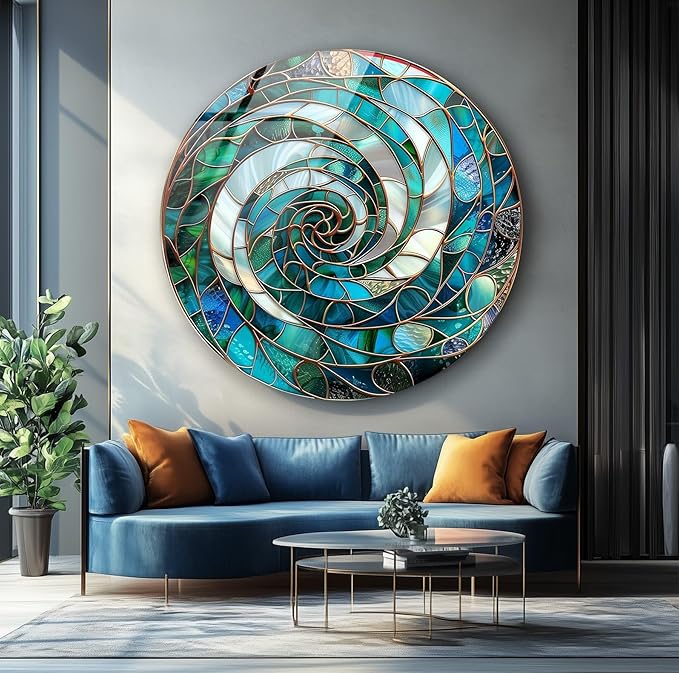 My Photostation.com 31.5''(80cm) Diameter Aqua Spiral Harmony Round Glass Wall Art Tempered Glass Printing Wall Decor Large Wall Art Wall Hangings