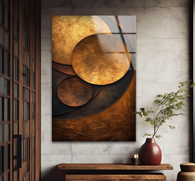 My Photostation.com Round 24'' Bronze Art Deco Geometric Motifs Glass Wall Art Tempered Glass Printing Wall Decor Large Wall Art Wall Hangings