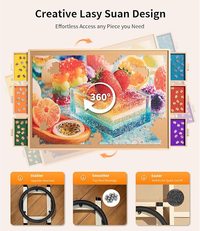 Join&Joy 1500 Piece Puzzle Board Pro, with 6 Drawers & Cover, 34" x 25", Sort-Wise Colorful Felt Drawers, Wooden Jigsaw Puzzle Board, Birthday Gifts for Mom