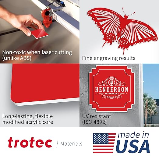 Trotec TroLase | 12"x20"x1/8", 4 Pcs | Red/White | 2 Ply | Modified Acrylic | Laser Engraving Double Color Plastic Sheet | Engraving Blanks for Laser, Saw, Guillotine | Made in USA