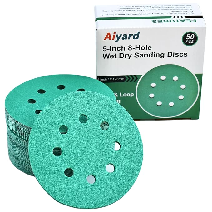 5-Inch 8-Hole Wet Dry Sanding Discs 100 Grit, Polyester Film Backed Heavy-Duty Hook and Loop Sandpaper for Random Orbital Sander, 50-Pack