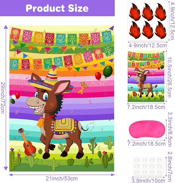 ASTARON Pin The Tail on The Donkey Mexican Donkey Game with 24pcs Tail Stickers for Cinco De Mayo Party, Mexican Party Fiesta Themed Party, Kids Birthday Supplies