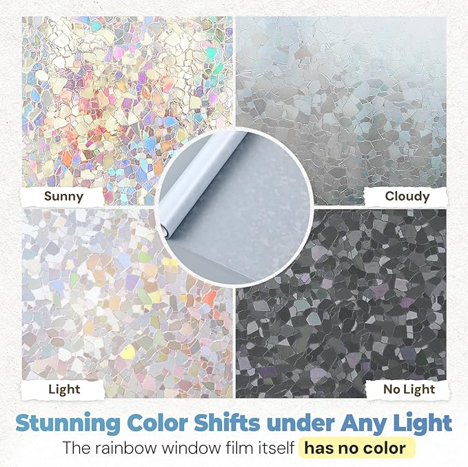 DOWELL Window Privacy Film Rainbow Film, Stained Glass Decorative Sticker, Static Cling Non-Adhesive Glass Clings, Sun Blocking Heat Control Window Coverings for Home Door, 35.4" x 157.4"