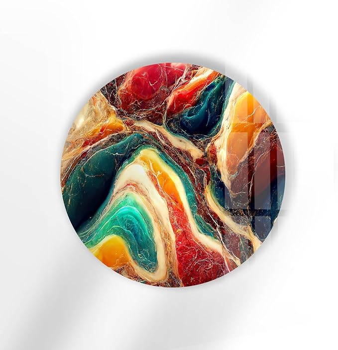 My Photostation.com 24''(60cm) Diameter Colorful Marble Swirl Round Wall Art Abstract Glass Decor with Earthy Tones & Gemstone Texture
