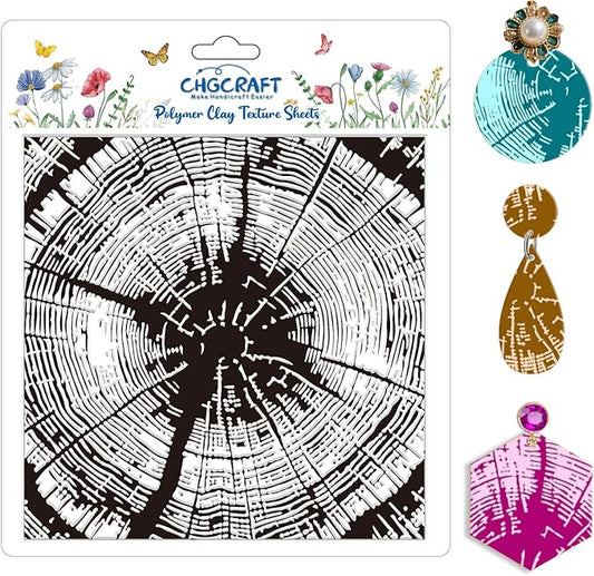 CHGCRAFT Tree Rings Polymer Clay Texture Sheets Tree Pattern Silicone Texture Stamp Clay Texture Mat Modeling Pattern Pad Sheets for Jewelry and Earrings Tools, 5.5x5.5 inch