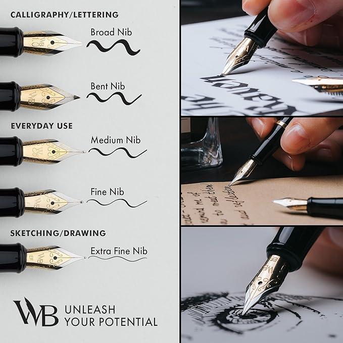 Wordsworth & Black Fountain Pen Set, Bent Nib, Includes 24 Pack Ink Cartridges, Ink Refill Converter & Gift Box, Chrome Finish, Calligraphy, [Black Chrome], Perfect for Men & Women