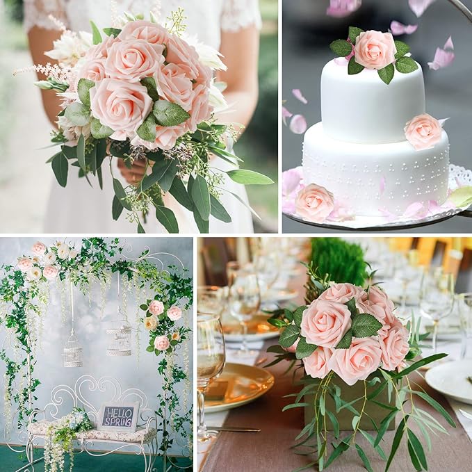 AmyHomie Artificial Flower Blush Pink Rose 50pcs Real Looking Fake Roses w/Stem for DIY Wedding Bouquets Centerpieces Arrangements Party Baby Shower Home Decorations