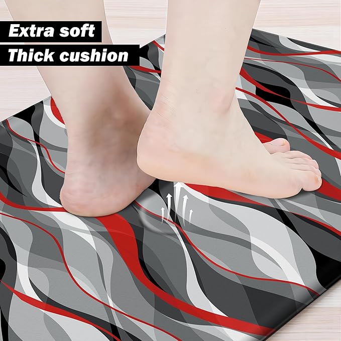 Kitchen Mats for Floor Modern Abstract kitchen rugs Grey and Red Stripe Anti Fatigue Kitchen Mats Waterproof Floor Mats Cushioned Non-Skid Standing Mats for Kitchen, Set of 2,17.3 x 28+17.3 x 47