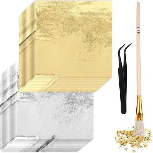 100 Pcs 5.5" X 5.5" Gold Leaf Sheets for Art Foil Paper, Gold & Silver Foils Sheets, Foil Paper Art Foils Sheet for Resin Gilding Crafting Nails Furniture Home Decor with Tweezer & Brush