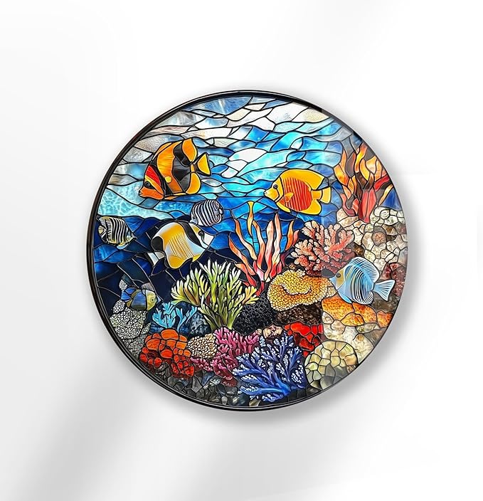 My Photostation.com 15.8''(40cm) Diameter Coral Reef Mosaic Round Glass Wall Art Tempered Glass Printing Wall Decor Large Wall Art Wall Hangings