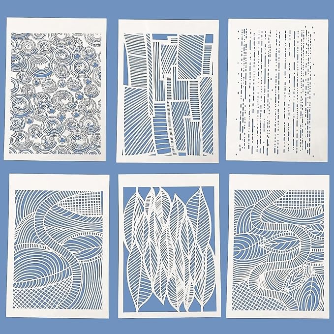 TIAMECH 6 Pcs A4 Reusable Geometric Stencils for Painting - Hollow Leaves & Abstract Curve Lines Texture Layering Templates, DIY Wall Art, Furniture, Scrapbook & Crafts