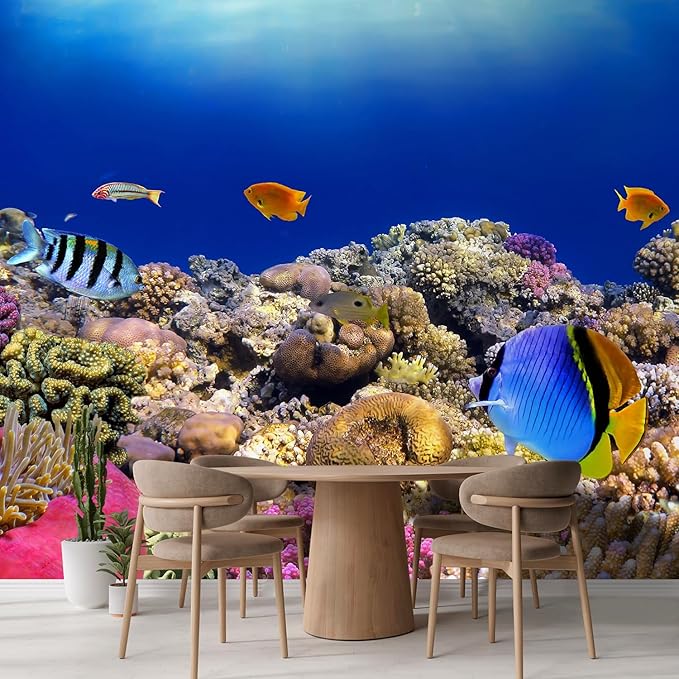 wall26 Wall Sticker/Wall Mural Tropical Blue Fish Coral Reef Ocean Seascape Nature Wilderness, Not Peel and Stick, Non-Woven Wallpaper Decorative for Bedroom, Living Room, Office - 120x144 inches