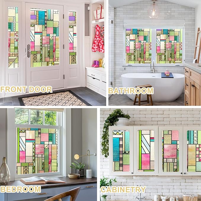 3D Stained Glass Window Privacy Film, Heat Control UV Blocking Static Cling Decorative Window Film for Bathroom,Front Door,Home Non Adhesive,Colorblock 35.4 x 78.7 inches