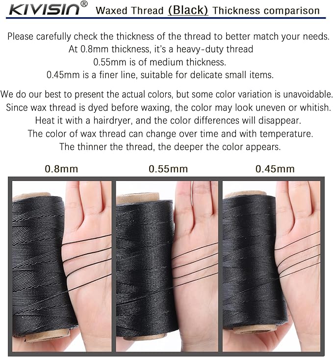 Thin Wax Polyester Thread, 0.45mm, 547 Yards, 3 Ply Round Waxed Cord Strings for Sewing, Beading, Binding, Micro Braiding, Fine Leather Craft and Micro Macrame Jewelry - Black