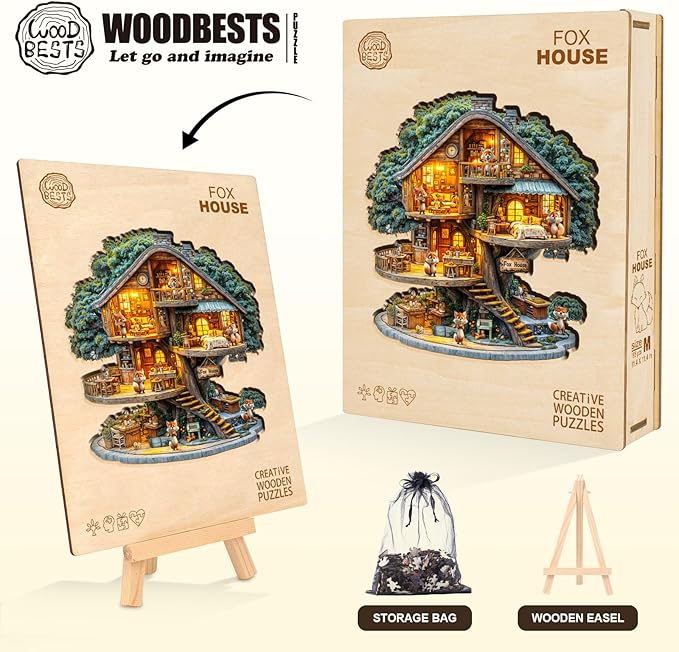 WOODBESTS Wooden Puzzles for Adults (100 Piece, S, 8.5 * 8.5in) Fox House Wood Puzzle Adult, Unique Wooden Animal Jigsaw Puzzles, Family Game and Birthday Gifts for Friend