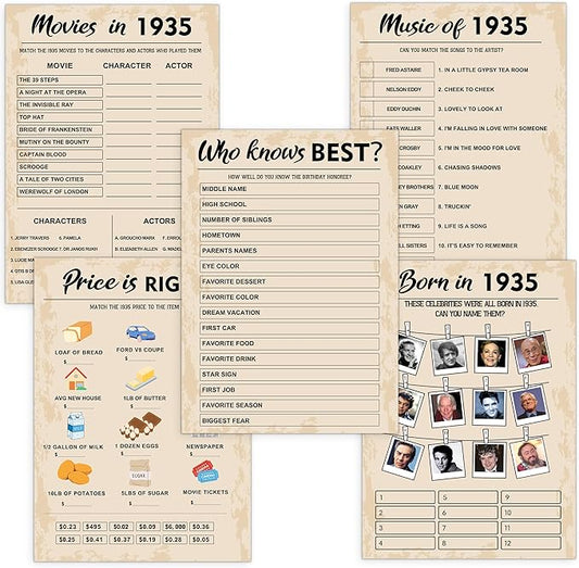 90th Birthday Party Games, Set of 5 Activities for 10 Guests, Born in 1935 Games Bundle, Birthday Party Supplies for Adults, Pack of 50 Cards