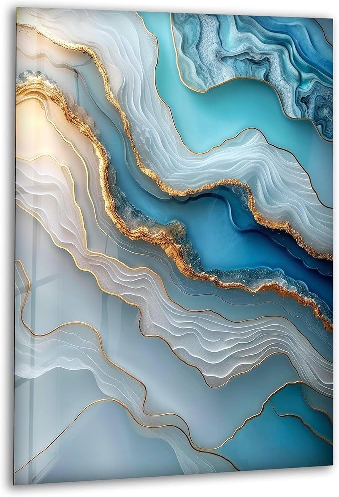 My Photostation.com 40WX60H'' Turquoise and Blue Alcohol ink Glass Wall Art Tempered Glass Printing Wall Decor Large Wall Art Wall Hangings