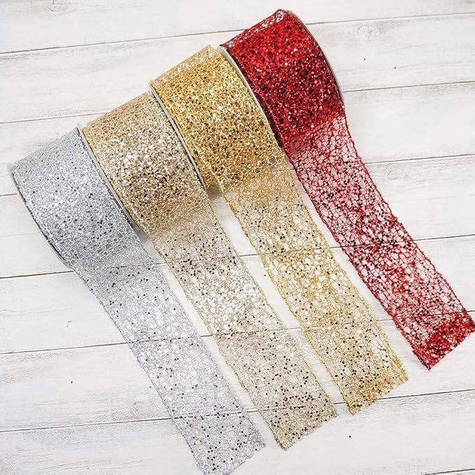 CT CRAFT LLC Sparkling Glitter Mesh Wired Ribbon 2.5" x 10 Yards Champagne Gold for Christmas Home Decor Bow Gift Wrapping DIY Crafts Wreath