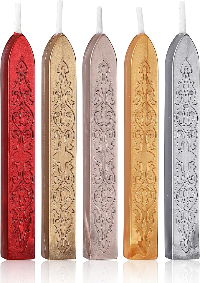 Yoption 5 Pcs Sealing Wax Sticks with Wicks for Wax Seal Stamp, Wedding Invitations, Gift Wrapping, Christmas (Gold, Metallic Red, Antique Gold, Champagne Gold, Silver)