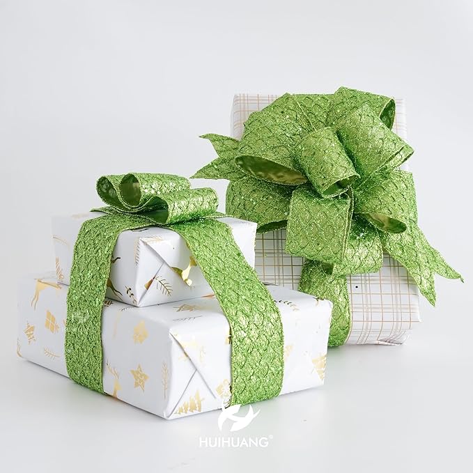 HUIHUANG Lime Green Wired Ribbon for Christmas Tree 2.5 inch Lime Green Glitter Diamond Mesh Ribbon for Tree Decoration, Wreaths, Garland, Gift Wrapping, Bows Making, Halloween Decor -10 Yards