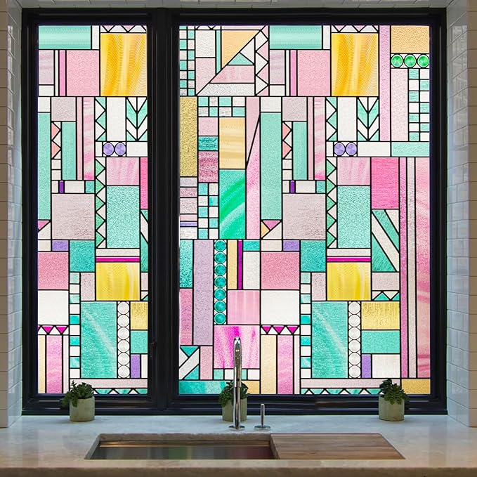 3D Stained Glass Window Privacy Film, Heat Control UV Blocking Static Cling Decorative Window Film for Bathroom,Front Door,Home Non Adhesive,23.6 x 35.4 inches Vibrant Reverie