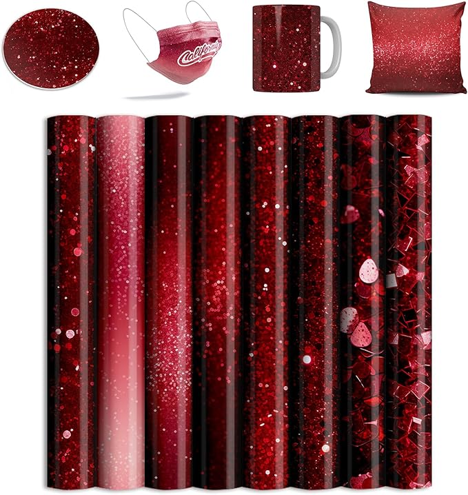 Red Sublimation Transfer Sheets for Heat Press Machine, 12x12inch Glitter Sublimation Paper for Tumblers Blanks Tshirts,8 Sheets