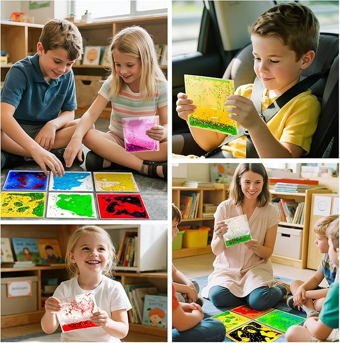 Squishy Liquid Sensory Tiles for Kids Ages 3+ – 6" Colorful Tactile Play Pads for Squeezing, Visual Tracking, Desk, Calm Corner, Classroom or Quiet Play (12-Pack)