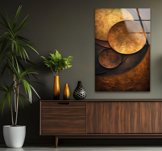 My Photostation.com Round 31,5'' Bronze Art Deco Geometric Motifs Glass Wall Art Tempered Glass Printing Wall Decor Large Wall Art Wall Hangings