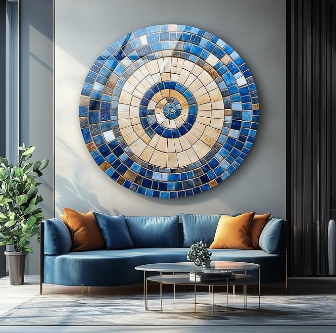 My Photostation.com 31.5''(80cm) Diameter Coastal Sunburst Beige & Blue Round Glass Wall Art Tempered Glass Printing Wall Decor Large Wall Art Wall Hangings