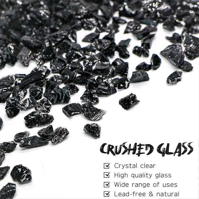 Crushed Glass for Resin Art - 3-6mm Black, 1.5lb | Broken Glass Pieces for Crafts, Vase Filler & Fire Pit Media