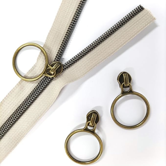 Leekayer #5 Antique Brass Metallic Nylon Coil Zippers by The Yard Bulk 10 Yards Beige Zipper Tape with 25pcs Antique Brass Ring Pull Sliders for DIY Sewing Tailor Craft Bag(Beige)