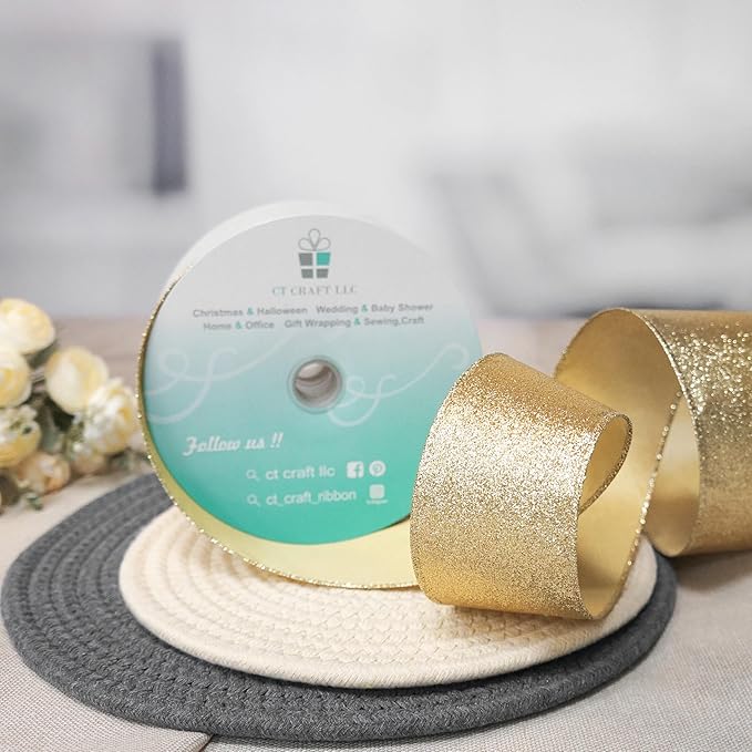 CT CRAFT LLC Glitter Wired Ribbon 2.5" x 20 Yards Light Gold for Christmas Home Decor Bow Gift Wrapping DIY Crafts Wreath