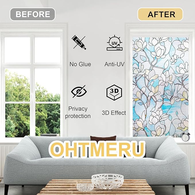 3D Stained Glass Window Privacy Film, Heat Control UV Blocking Static Cling Decorative Window Film for Bathroom,Front Door,Home Non Adhesive,23.6 x 39.3 inches Magnolia