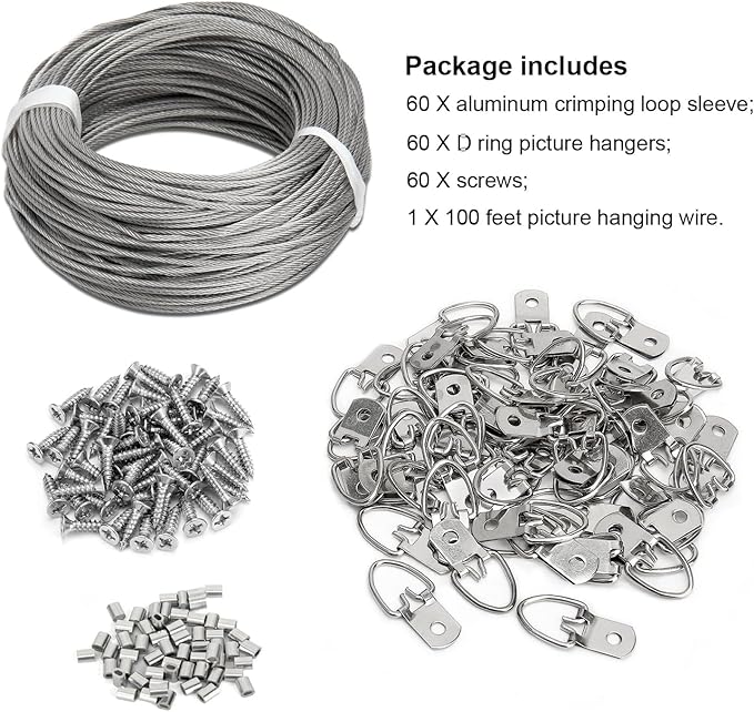 Picture Hanging Wire Kit, 100 FT Braided Hanging Wire, 60pcs D Ring Picture Hangers , 60pcs Aluminum Crimping Loop Sleeve, 60pcs Screws, for Hanging Pictures Painting Hanging Kit Photo Frames