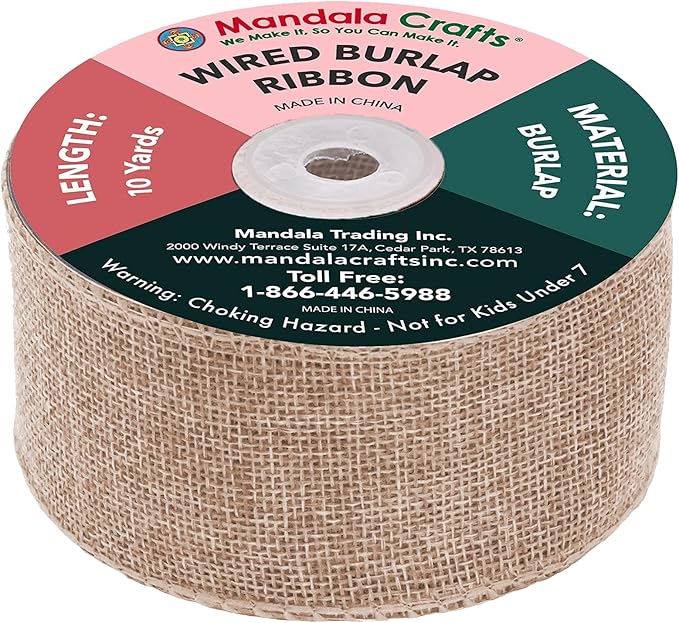 Mandala Crafts Natural Burlap Wired Ribbon 2 Inches Wide Jute Ribbons for Crafts - 10 Yds Roll Rustic Burlap Wrap Trim Ribbons for Wreaths Bows Party Decoration